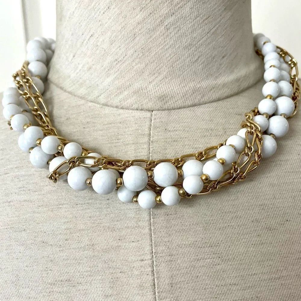 White beaded gold tone chain multi strand necklace